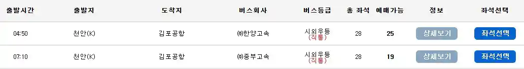 천안 김포공항 리무진 버스 시간표