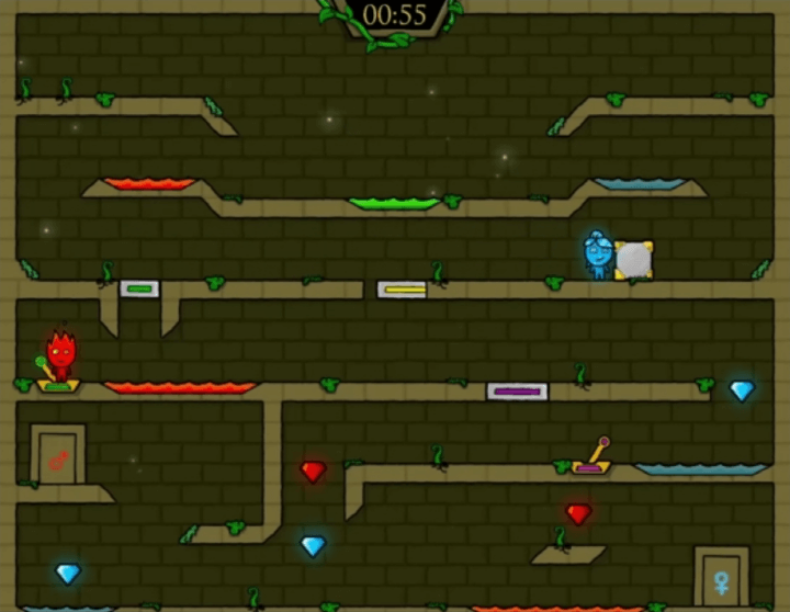 2인용-물불게임-엘레먼트-플레이-바위로-노란색-버튼을-누르고-장치를-작동시키는-화면