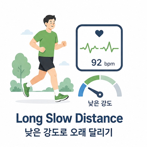 심박계를 착용하고 편안하게 달리는 러너로 Long Slow Distance의 낮은 강도 장거리 훈련을 설명한 이미지