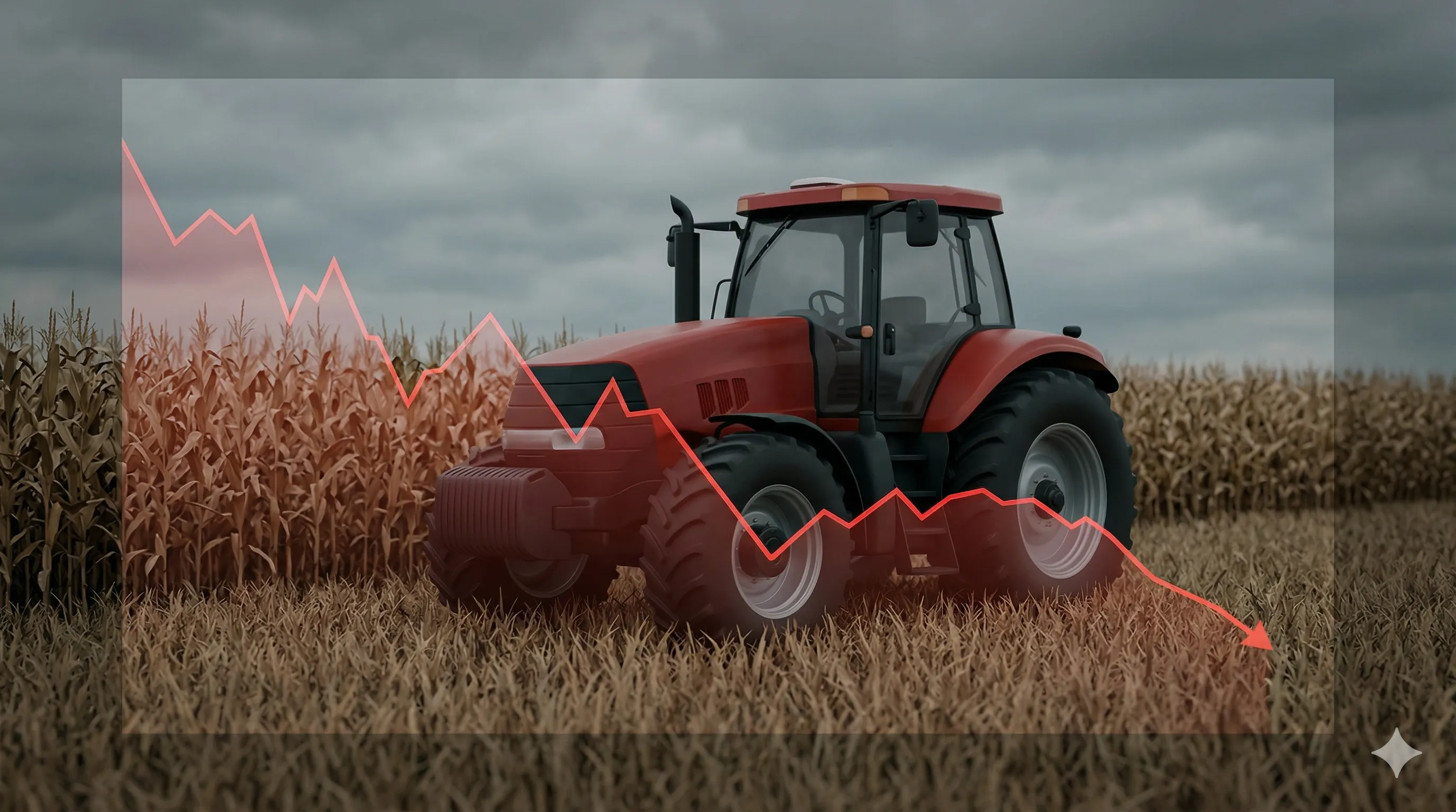 애그플레이션의 역설: 북미 트랙터 판매량 25% 폭락과 농기계 시장의 투자 심리 위축을 상징하는 이미지 by Finory