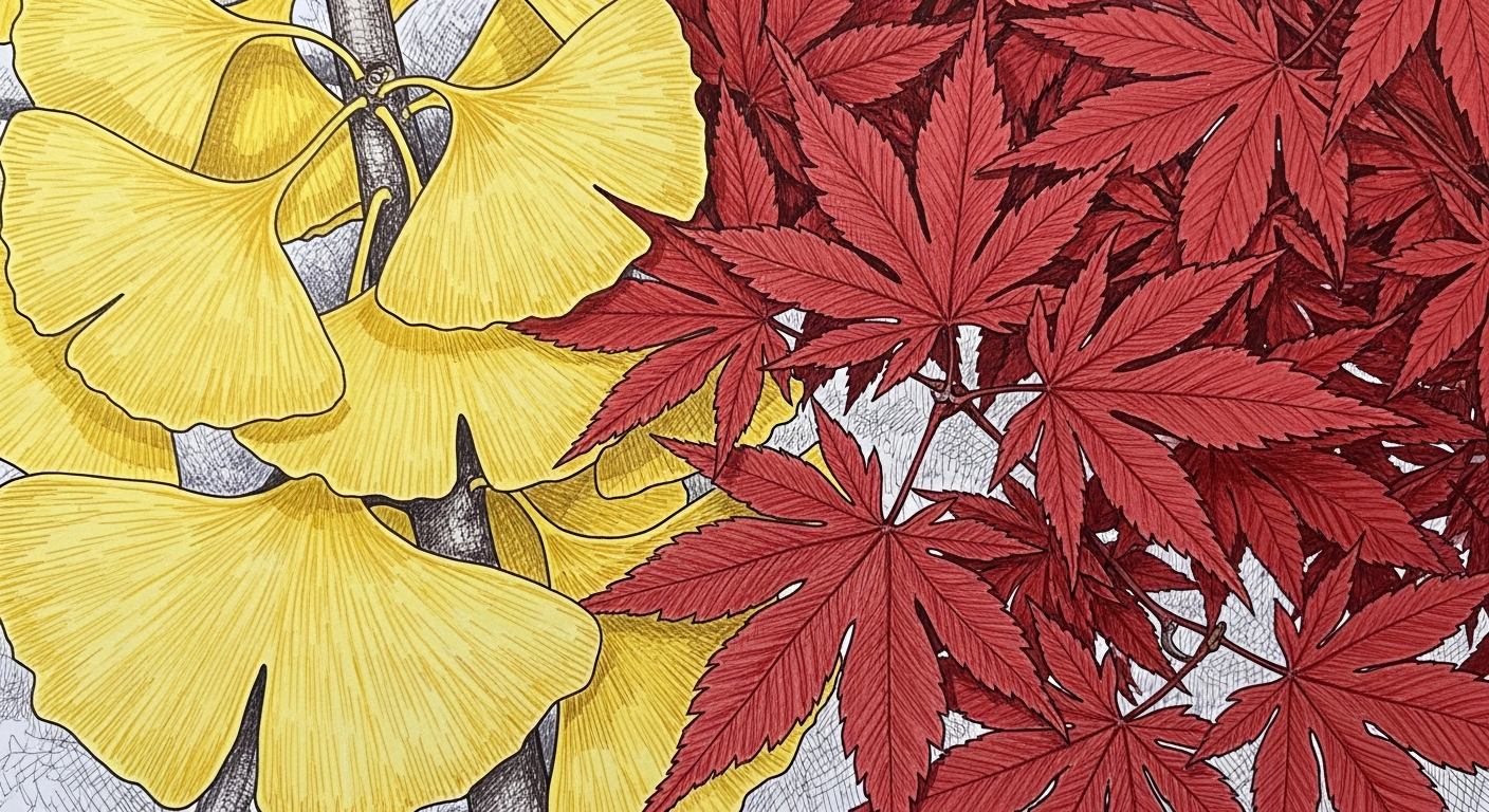 노란 은행잎과 붉은 단풍잎 색상 대비