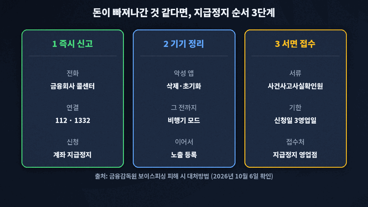보이스피싱 피해 시 순서 3단계, 금융회사 콜센터에 지급정지 신청, 악성 앱 삭제나 초기화 뒤 노출 등록, 사건사고사실확인원과 함께 3영업일 안에 피해구제 서면 접수