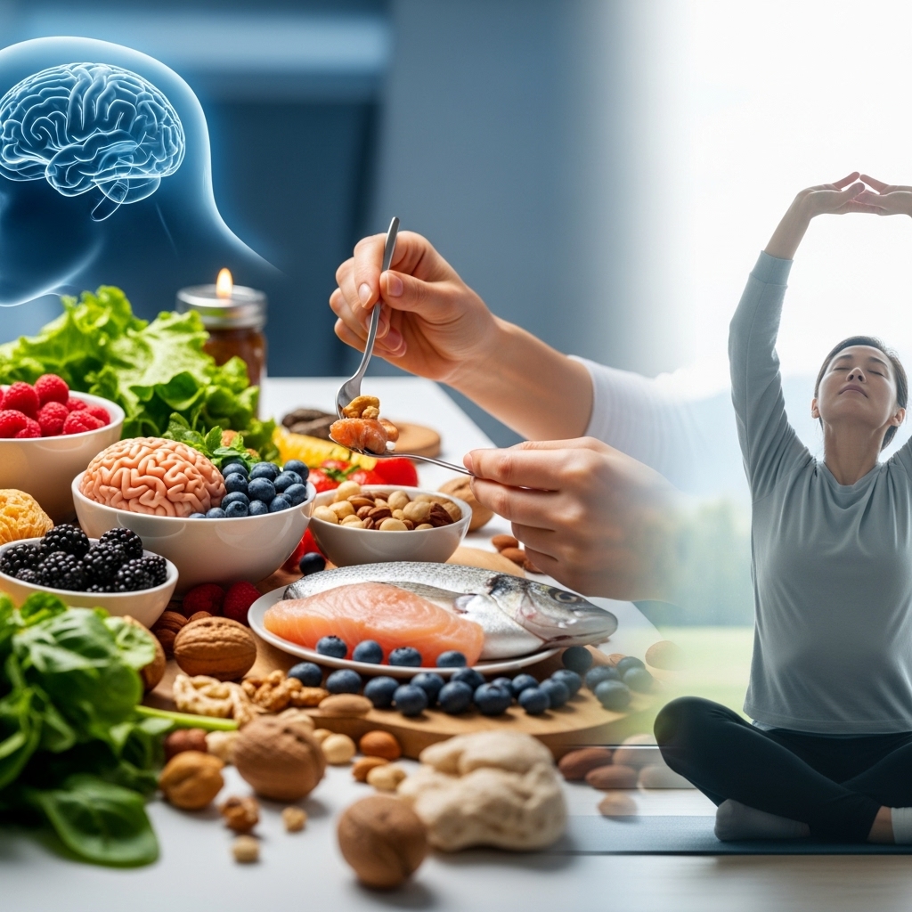 다채로운 브레인 푸드와 명상하는 사람의 모습이 어우러진, 인지력 향상과 뇌 건강을 상징하는 밝고 조화로운 이미지.