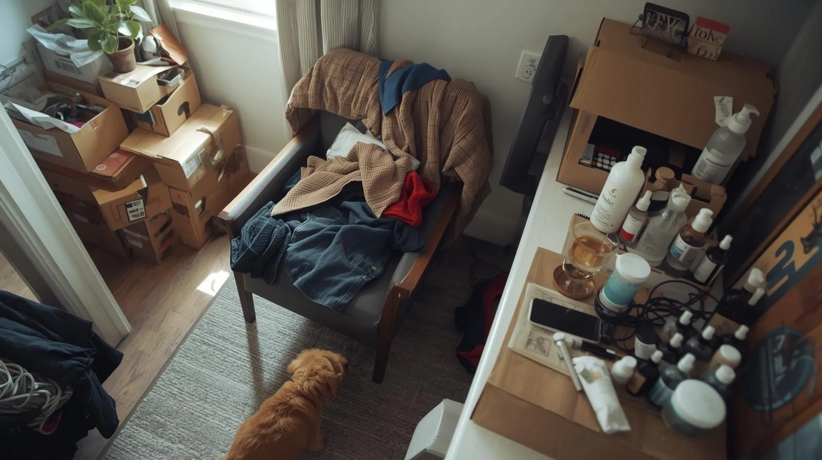택배 상자와 옷가지로 어질러져 있는 1인 가구의 방