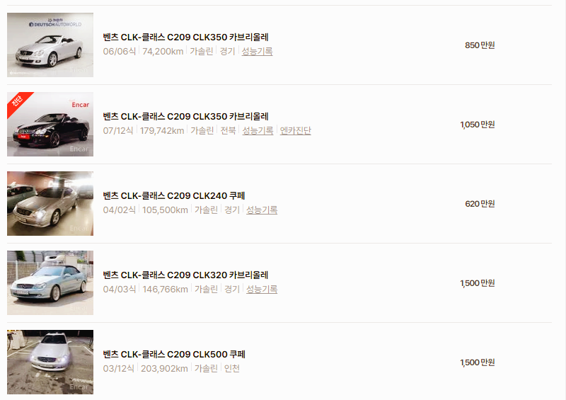 벤츠 CLK 중고차 가격 시세표 24년11월