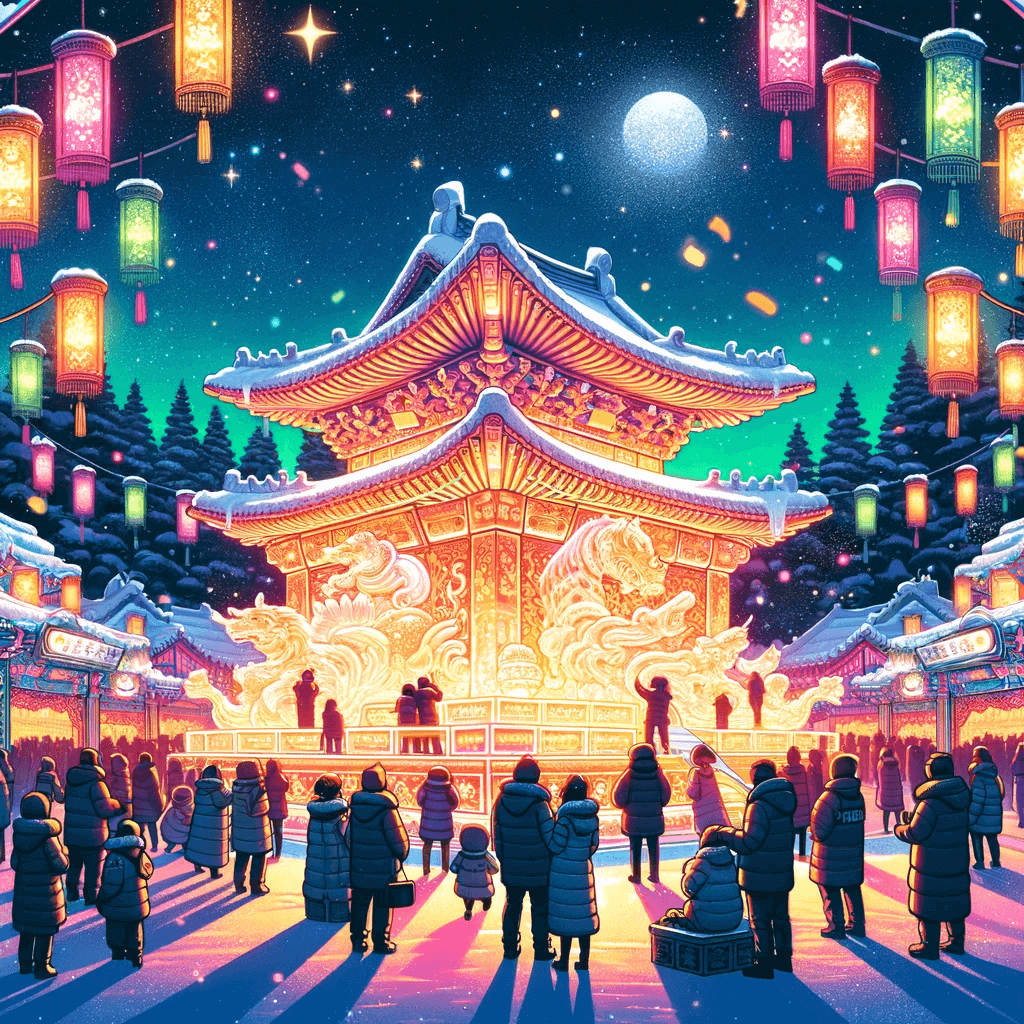 대관령 눈꽃 축제의 저녁 풍경을 생생하게 표현하고 있습니다.