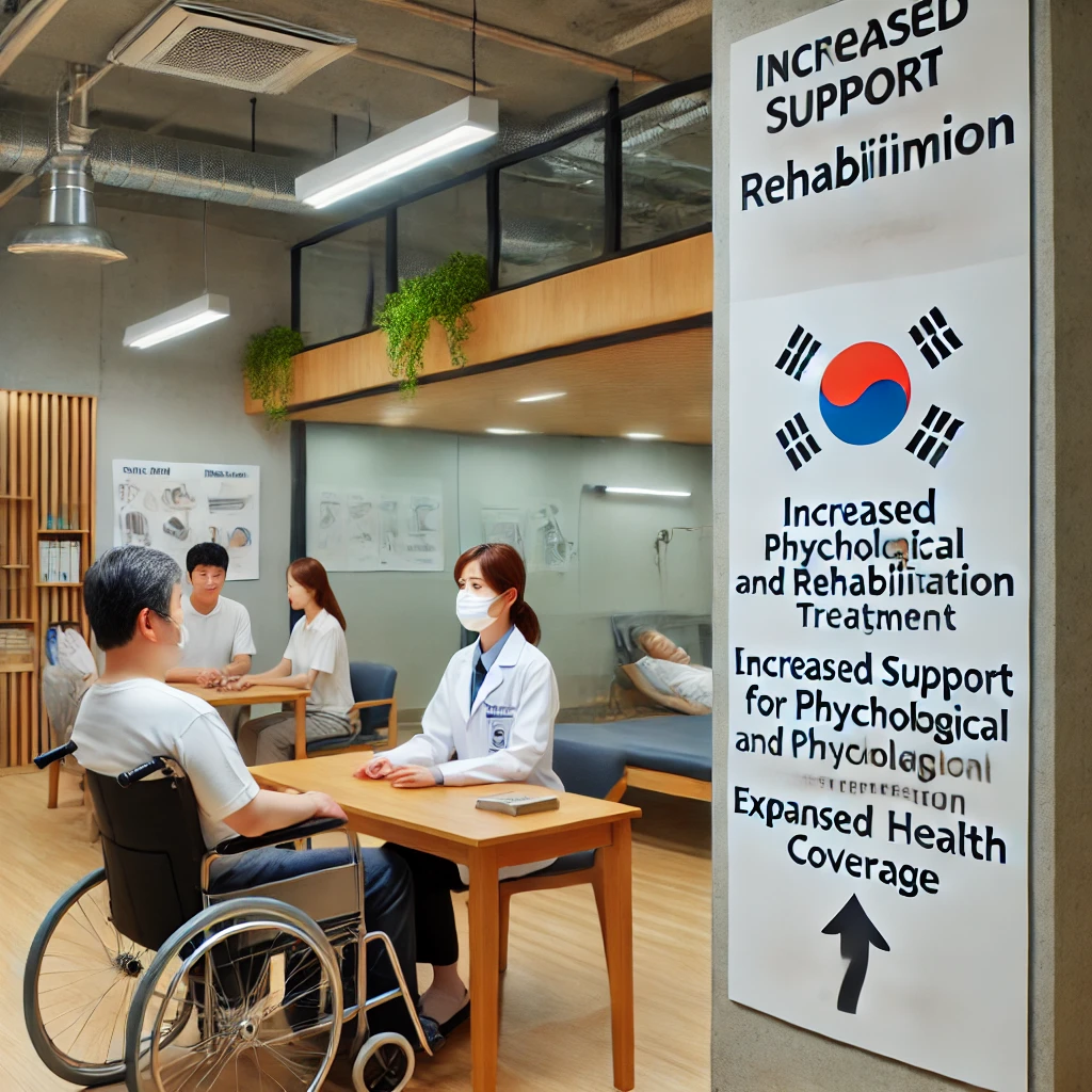 정신건강 재활 센터에서 치료 프로그램에 참여하는 환자&amp;#44; 심리 치료 및 재활 치료 지원 강화를 강조하는 한국어 표지판 포함