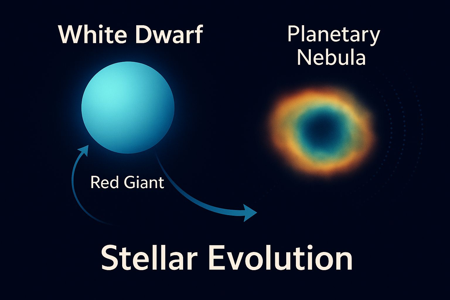 백색왜성과 적색거성, 행성상 성운으로 이어지는 항성 진화 과정을 시각적으로 설명한 이미지