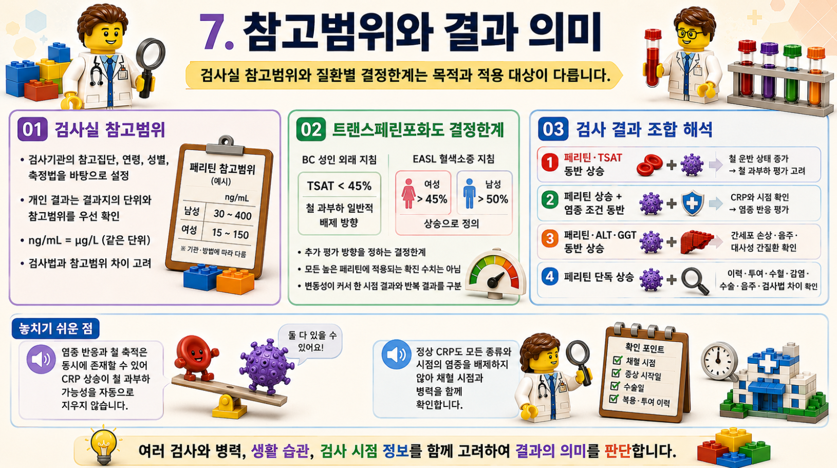 페리틴 참고범위, 트랜스페린포화도 결정한계와 검사 결과 조합 해석을 설명한 레고 스타일 메디컬 인포그래픽