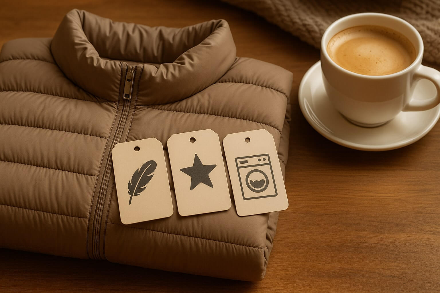 경량 패딩 재킷과 깃털&middot;별표&middot;세탁기 아이콘 태그, 커피 컵과 함께 놓인 모습