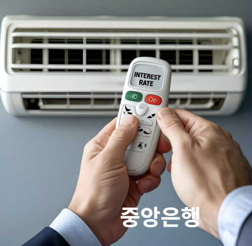 '중앙은행'이라고 쓰인 손이 '금리'라고 쓰인 에어컨 리모컨을 조작