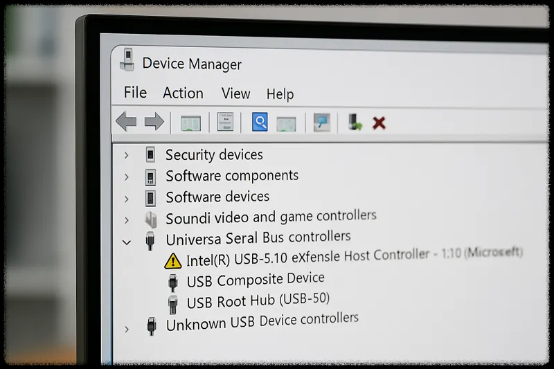 장치 관리자에 노란색 경고 아이콘과 함께 나타난 USB 드라이버 문제 화면