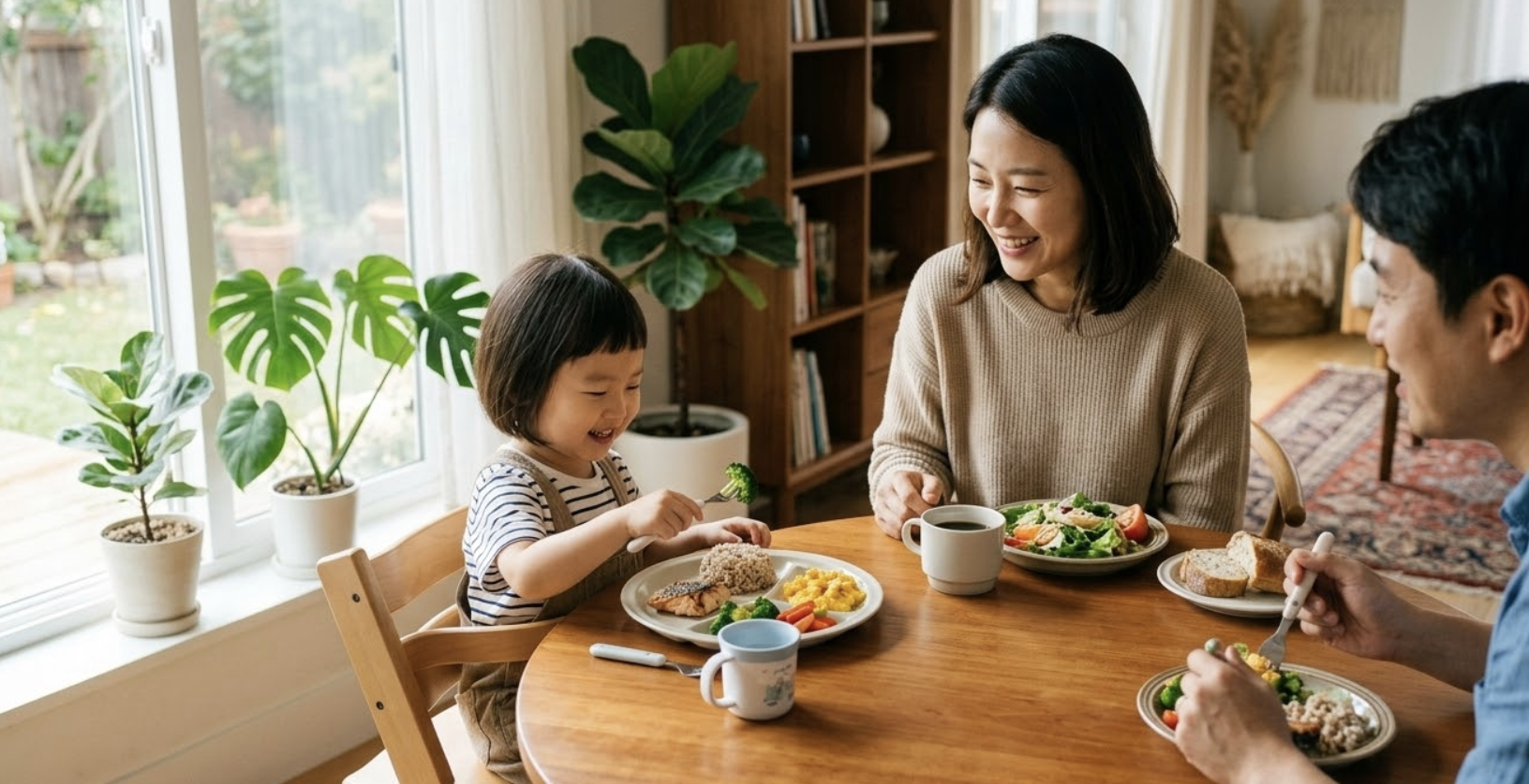 엄마가 곁에서 미소 지으며 지켜보는 가운데, 5세 아이가 스스로 포크를 들고 즐겁게 식사하며 자율적인 식습관을 실천하는 모습