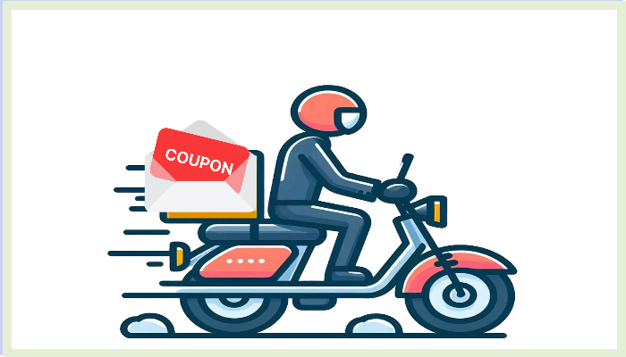 쿠폰을 배달하는 오토바이 배달원이 빠르게 이동하는 장면을 표현한 일러스트 이미지로, 공공배달앱 소비쿠폰 정책을 상징적으로 보여줍니다