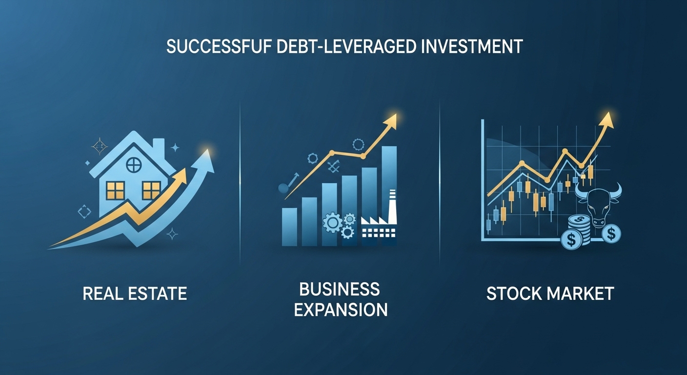 부동산, 사업, 주식 투자를 통한 대출 활용 자산 증식 전략을 보여주는 인포그래픽.