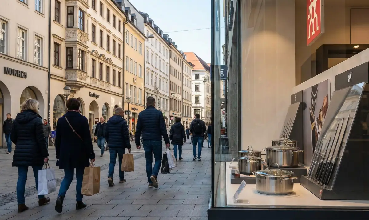 뮌헨의 활기찬 쇼핑 거리 카우핑거 거리와 주방용품 매장 쇼윈도