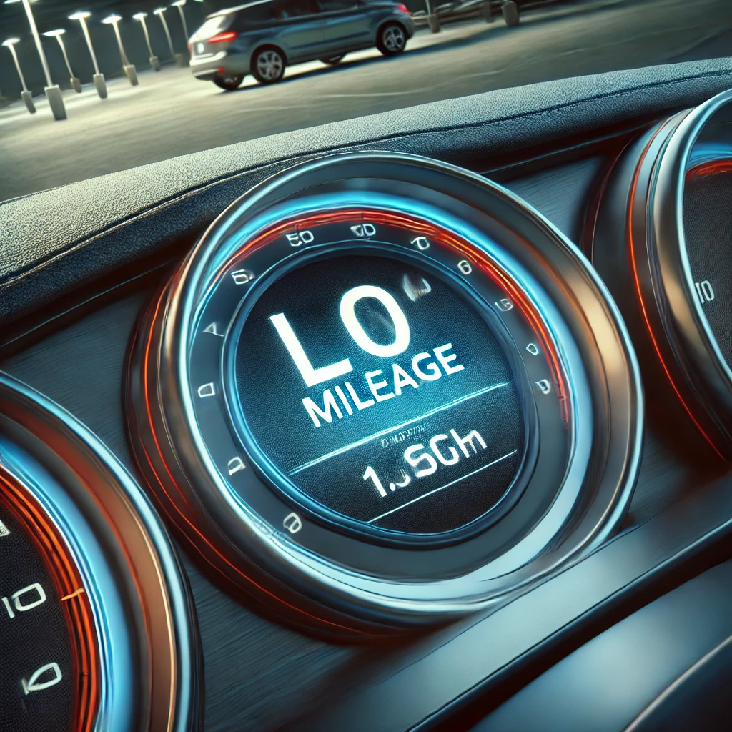 자동차 내부에 낮은 주행거리를 보여주는 밝게 빛나는 주행계. 배경에 주차 구역이 은은하게 보이며, 주행거리 할인 혜택을 표현