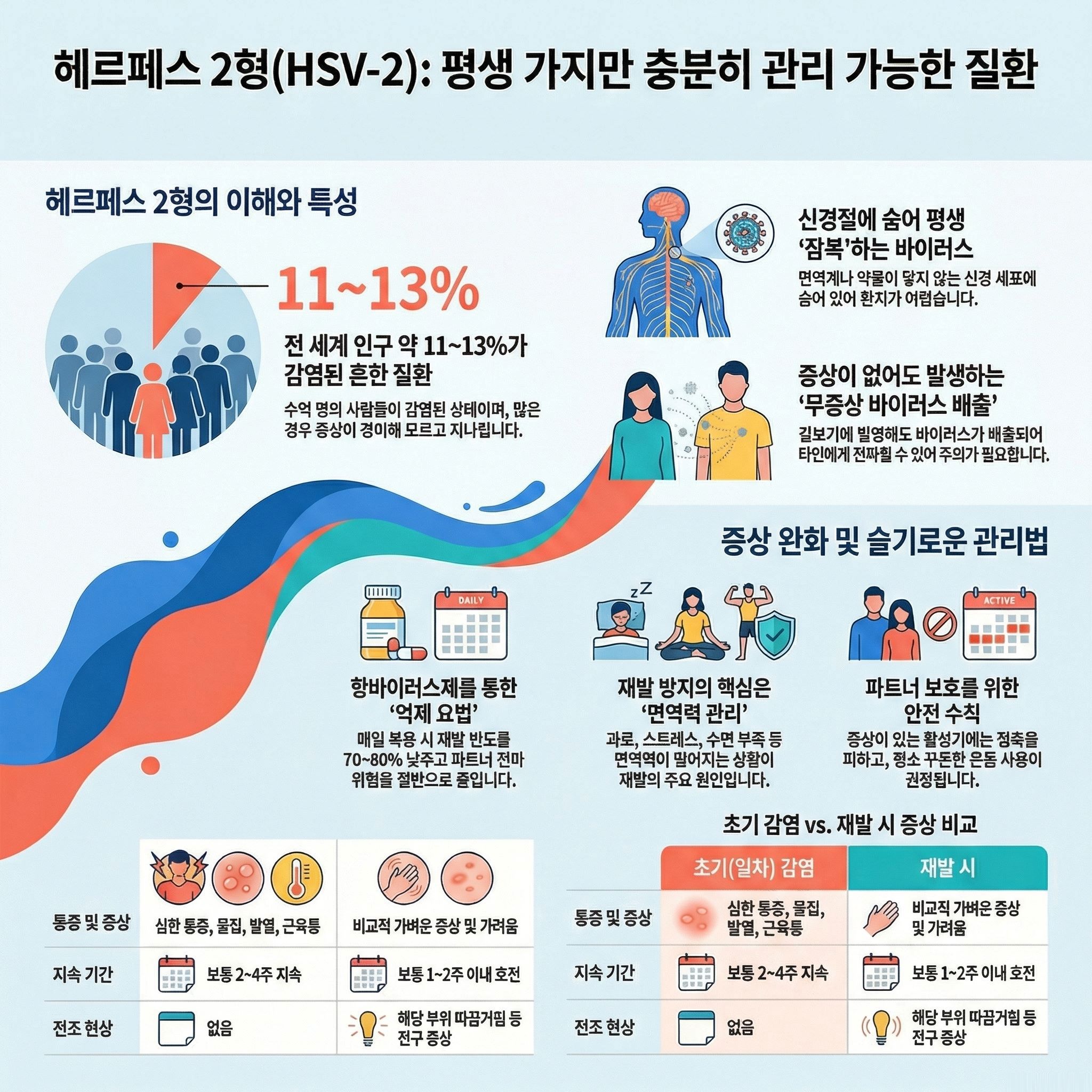 이 이미지는 헤르페스 2형(HSV-2) 바이러스에 대한 전반적인 정보를 담은 인포그래픽입니다.
