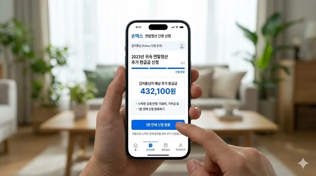 스마트폰 손택스 앱을 실행하여 간편 인증으로 로그인한 뒤 모바일로 연말정산 추가 환급금을 1분 만에 신청하는 화면