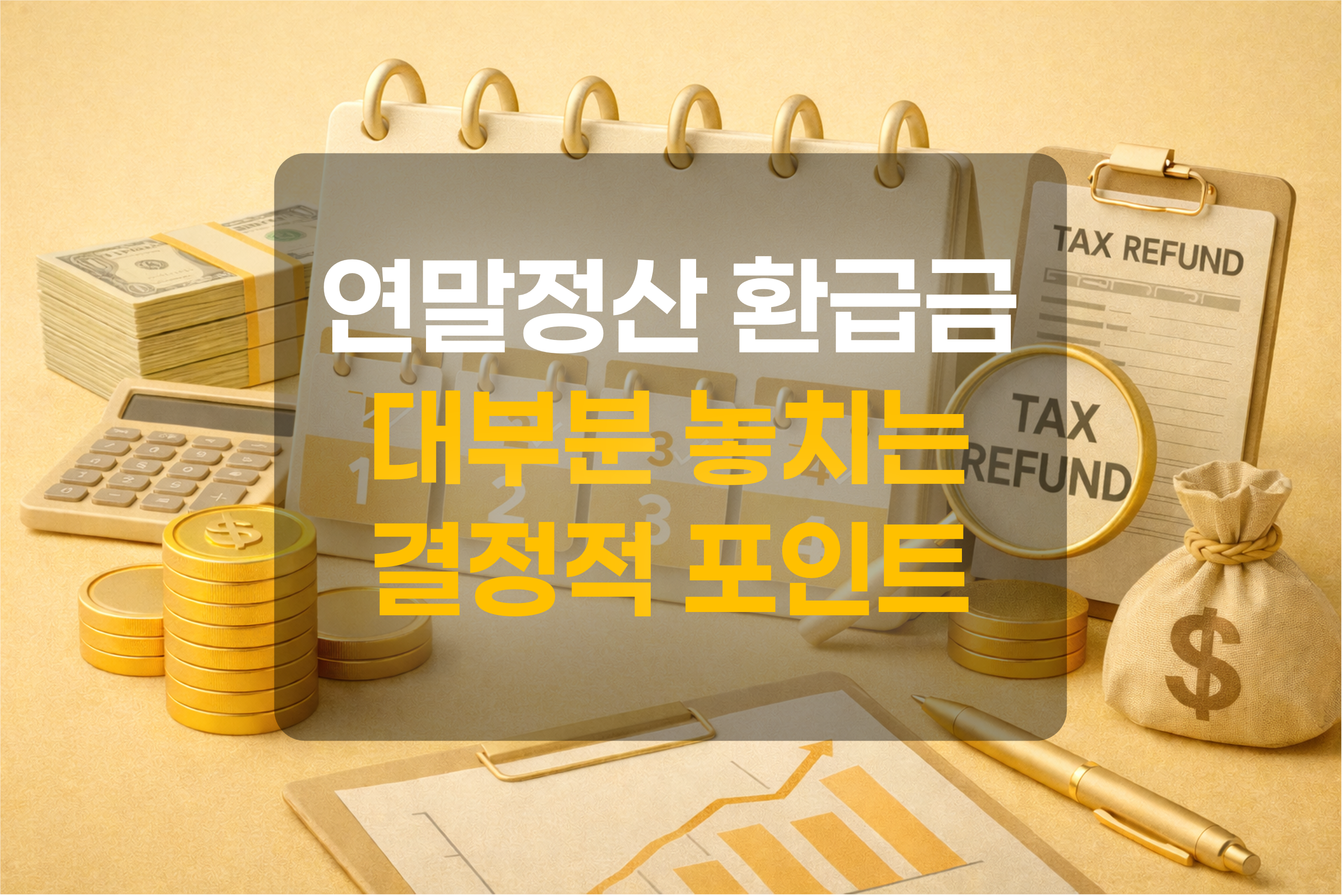 연말정산을 표현한 달력, 계산기, 서류, 화폐를 묘사한 그림