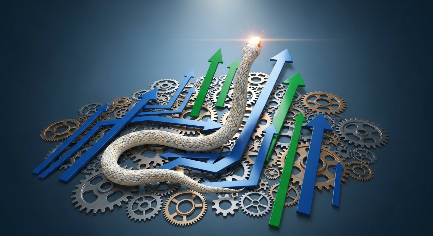 지혜로운 뱀이 복잡한 기어와 상승하는 화살표 사이를 오르며 직업적 성장을 상징하는 모습