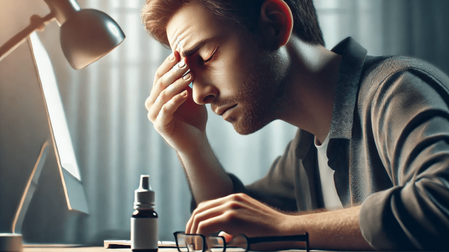 피곤한 표정으로 눈을 문지르는 남성