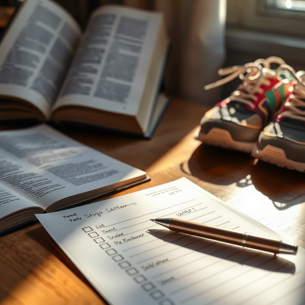 체크리스트, 아침 햇살, 책 한 페이지, 운동화 끈 묶기