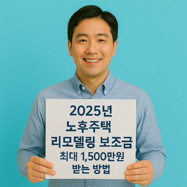 2025년 노후주택 리모델링 보조금 안내 문구를 들고 있는 한국인 남성의 이미지