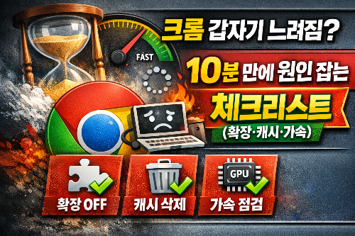 크롬 갑자기 느려짐? 10분 안에 원인 잡는 체크리스트(확장&middot;캐시&middot;가속)