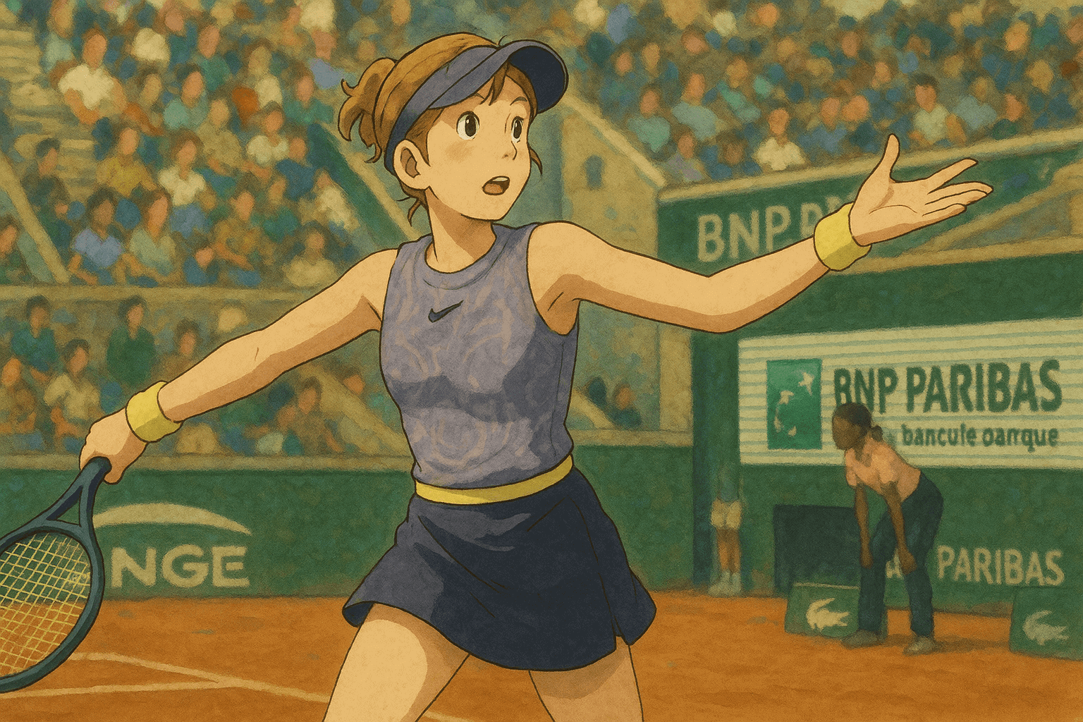 2025 롤랑가로스에서 시합중인 미라 안드레예바의 지브리 스타일 그림