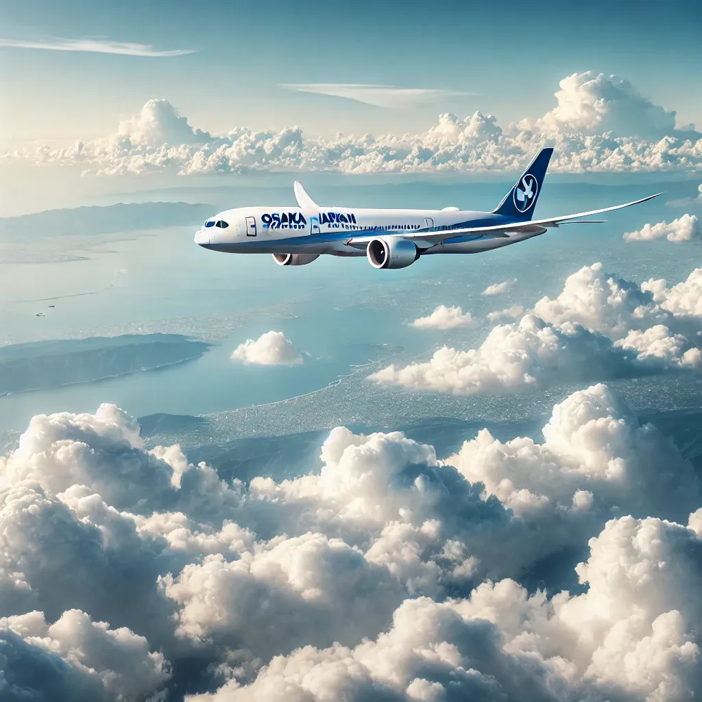 오사카로 향하는 여객기가 구름 위를 비행하는 모습