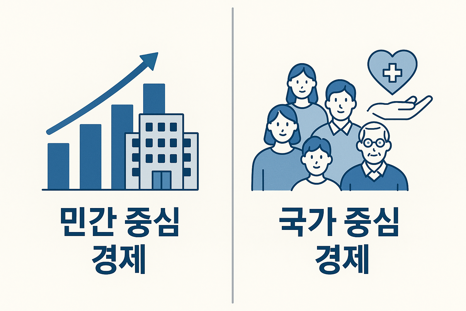 민간 중심 성장과 국가 중심 분배를 대비해 설명한 경제정책 인포그래픽 이미지