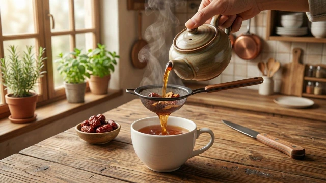 대추차 고운 체로 거르기 컵에 담기