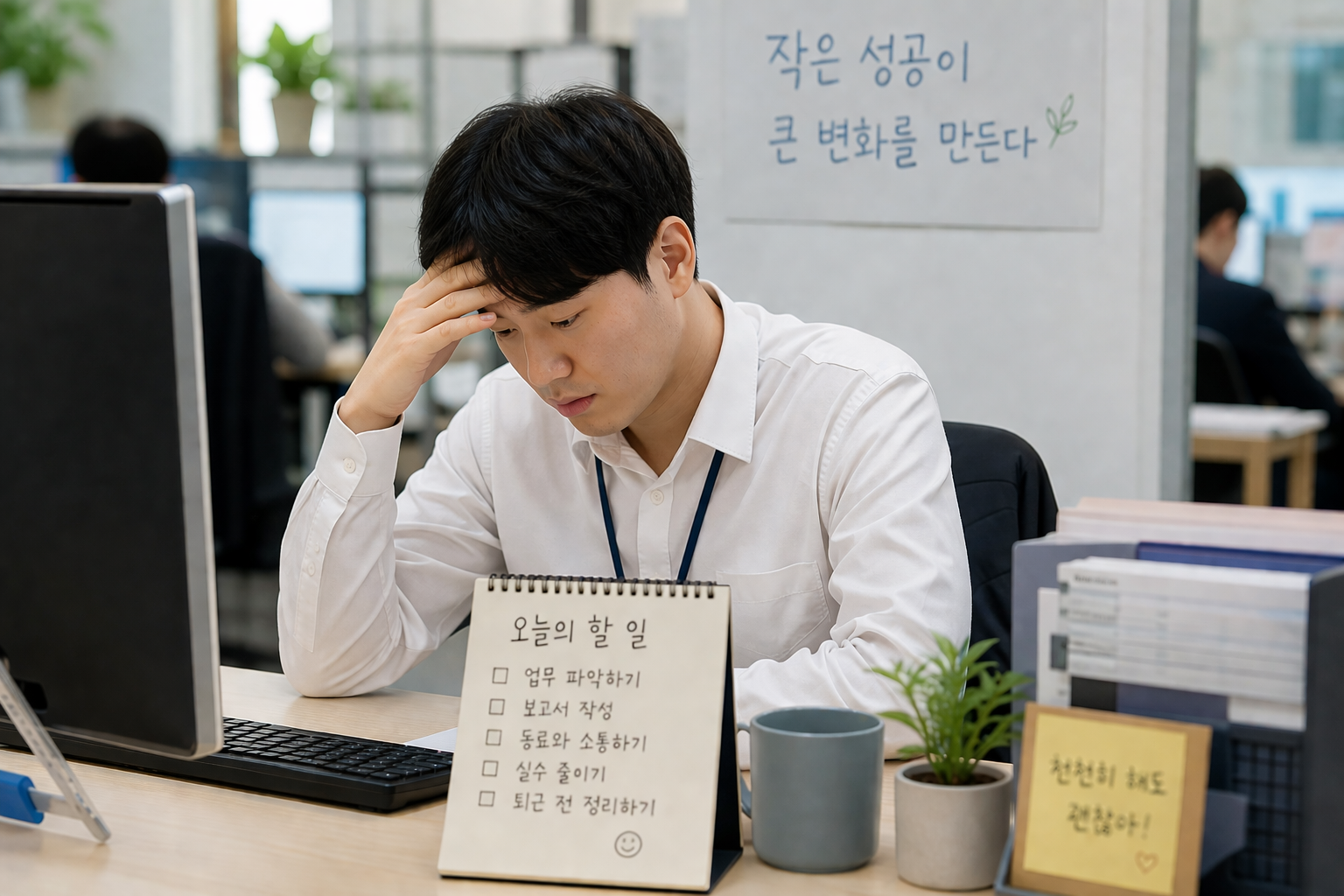 사무실에서 고민하고 있는 모습