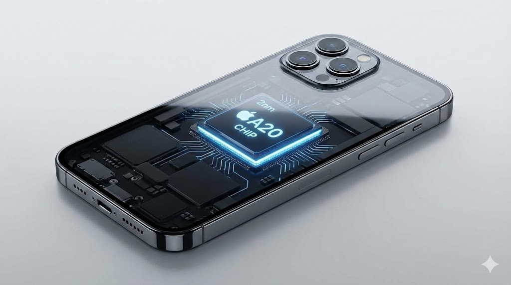 아이폰 18 Pro의 내부를 투시하여, 세계 최초의 2nm 공정으로 제작될 A20 칩셋이 탑재된 모습을 시각화