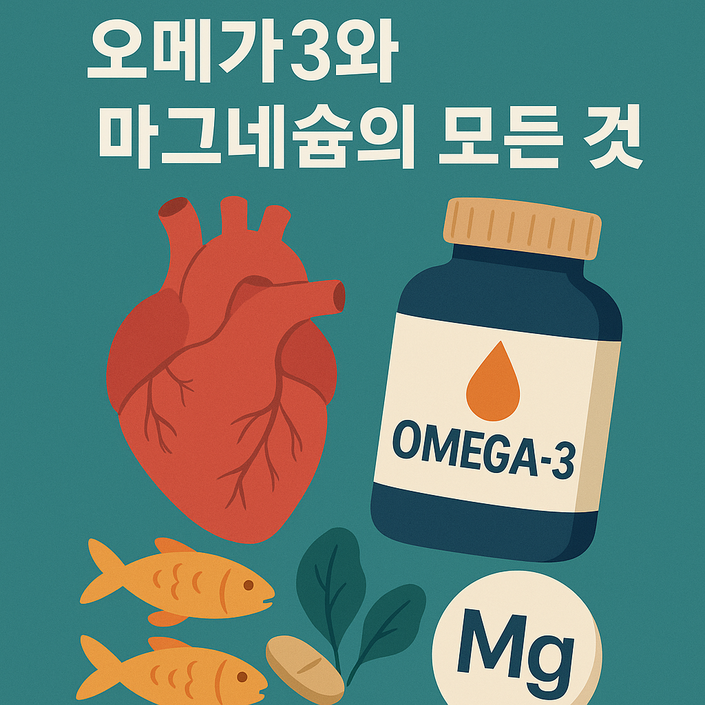 혈관 건강을 위한 오메가3와 마그네슘의 중요성을 강조한 일러스트 이미지 – 심장, 어류, 보충제, Mg 기호 등이 포함됨