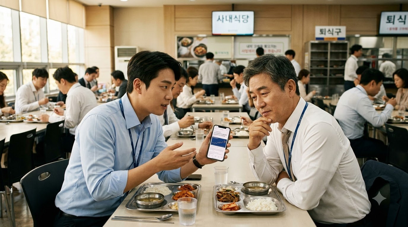 점심시간 회사 식당에서 후배가 스마트폰 뉴스를 보여주며 질문하고, 50대 직장인이 고개를 갸웃하는 장면