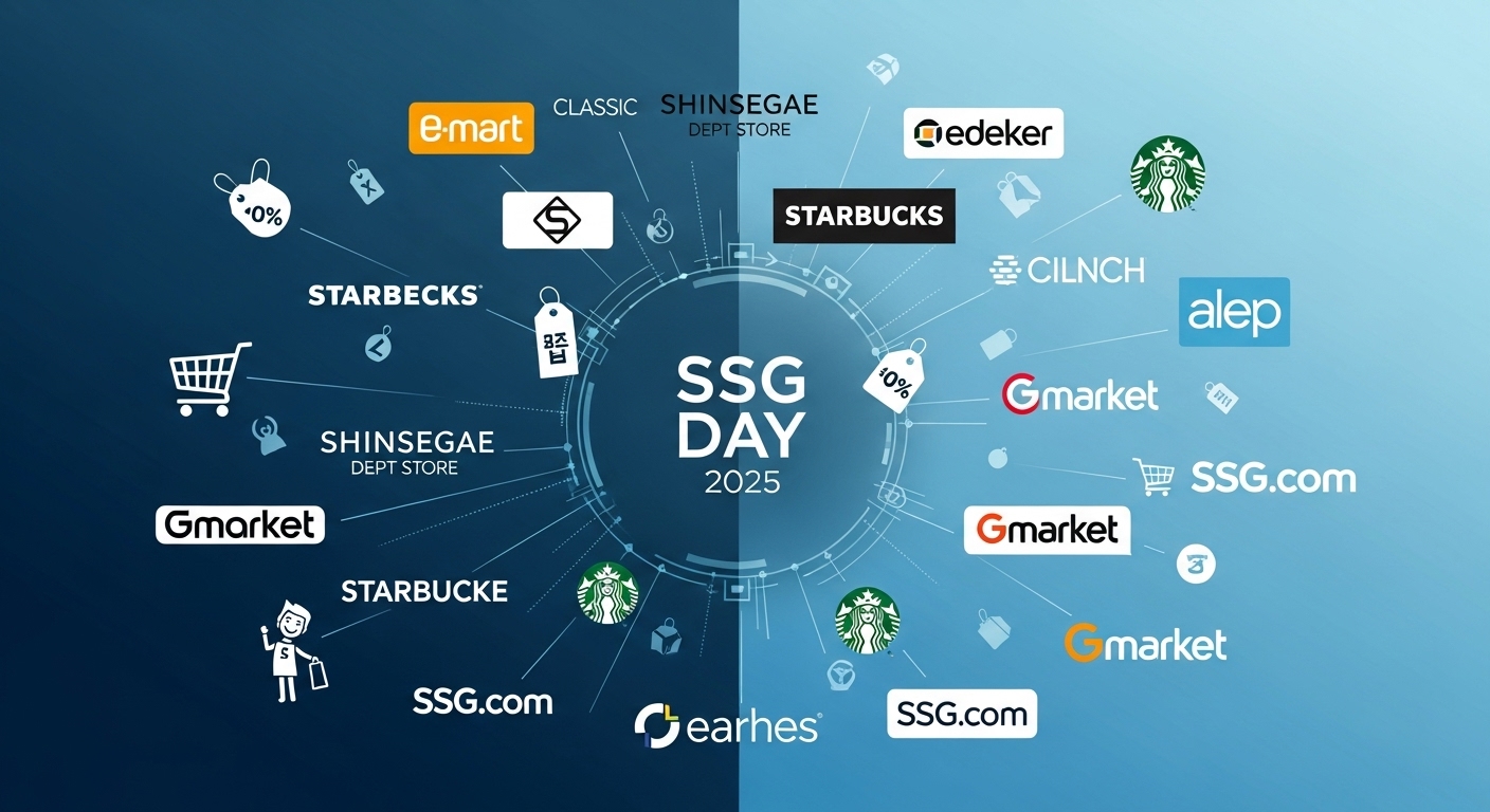 2025년 쓱데이에 참여하는 이마트, 신세계백화점, 스타벅스 등 다양한 신세계그룹 계열사 로고가 표시된 현대적인 인포그래픽