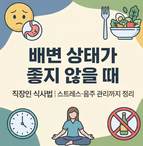 배변 상태가 좋지 않을 때 직장인을 위한 식사와 스트레스, 음주 관리 안내 이미지