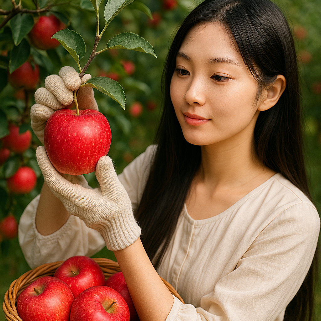 홍옥을 수확하는 청순한 동양인 여성