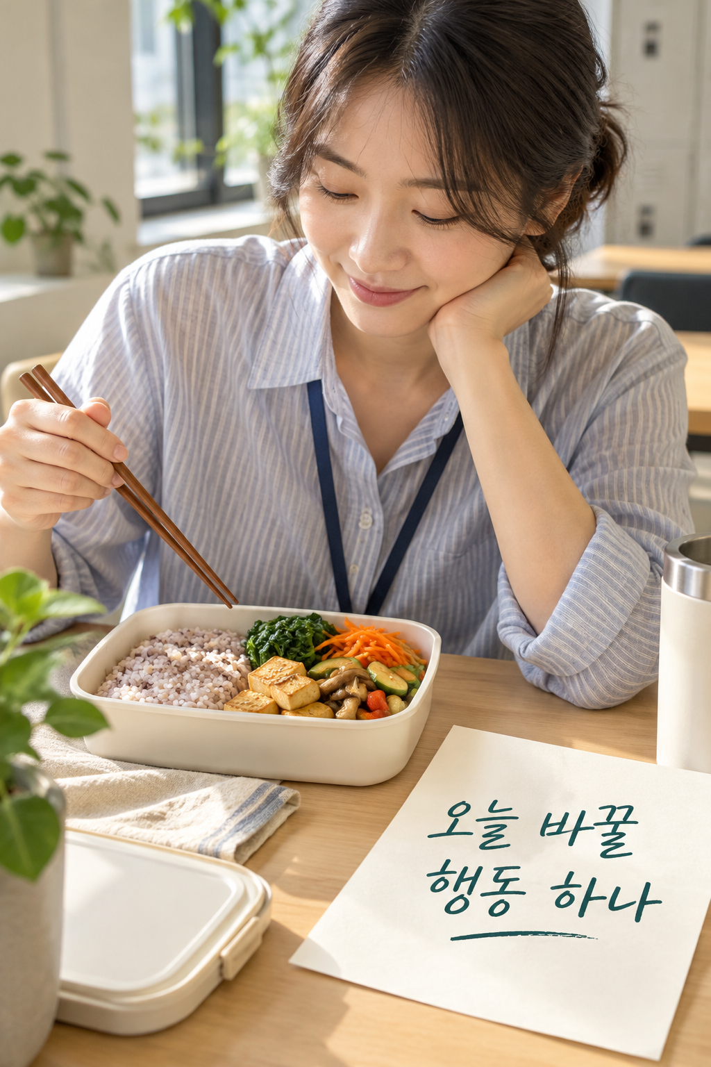 업무 화면에서 떨어진 휴게공간의 점심과 오늘 실천을 적은 메모