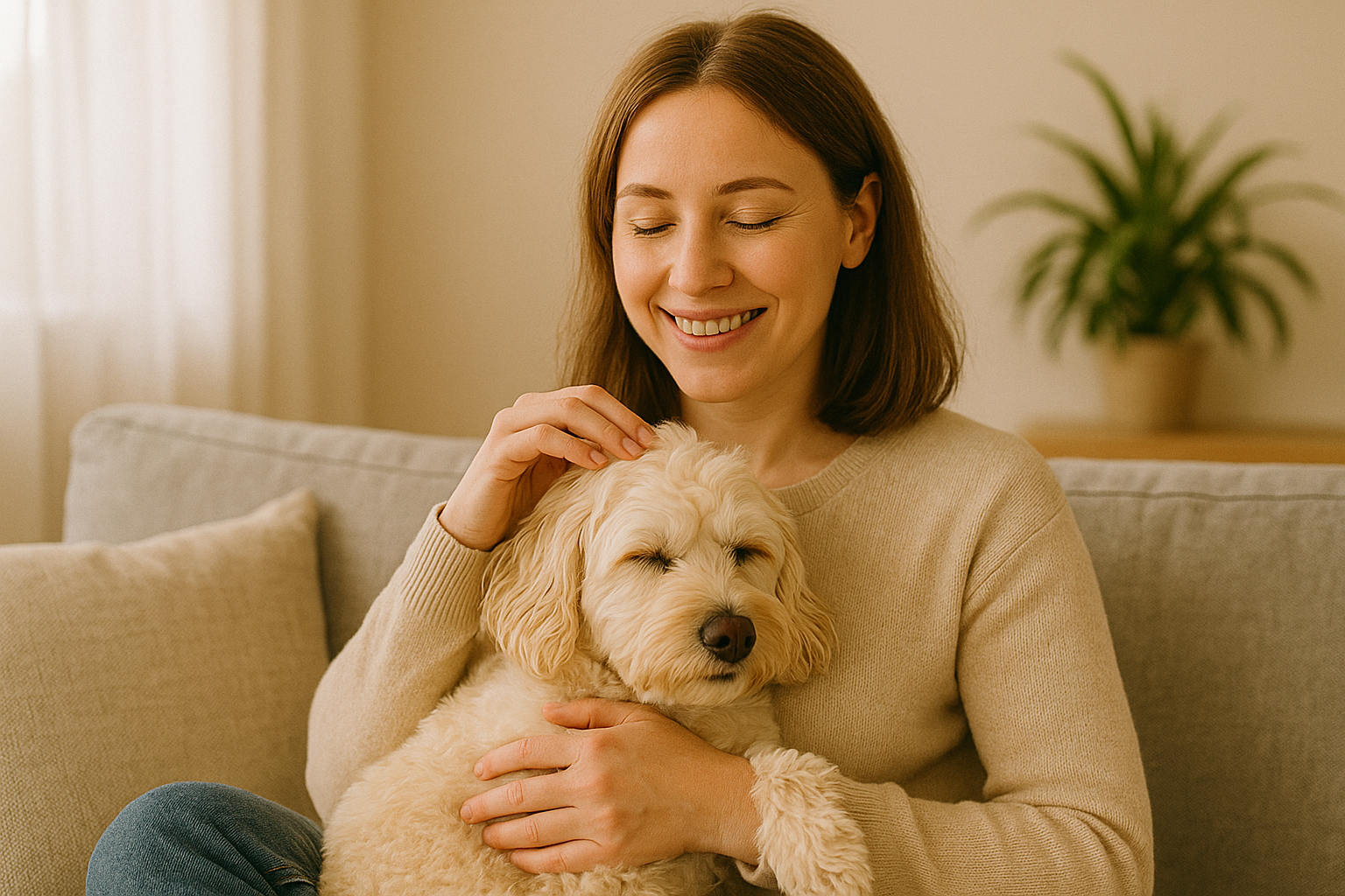미소 짓는 여성과 강아지