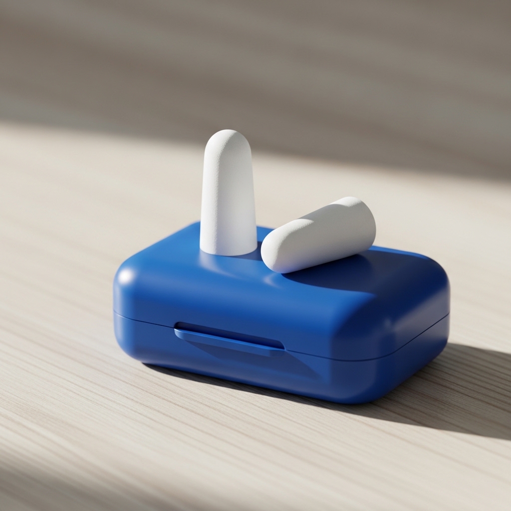 큰 소음을 피하기 위한 귀마개 사용을 표현한 정물 사진