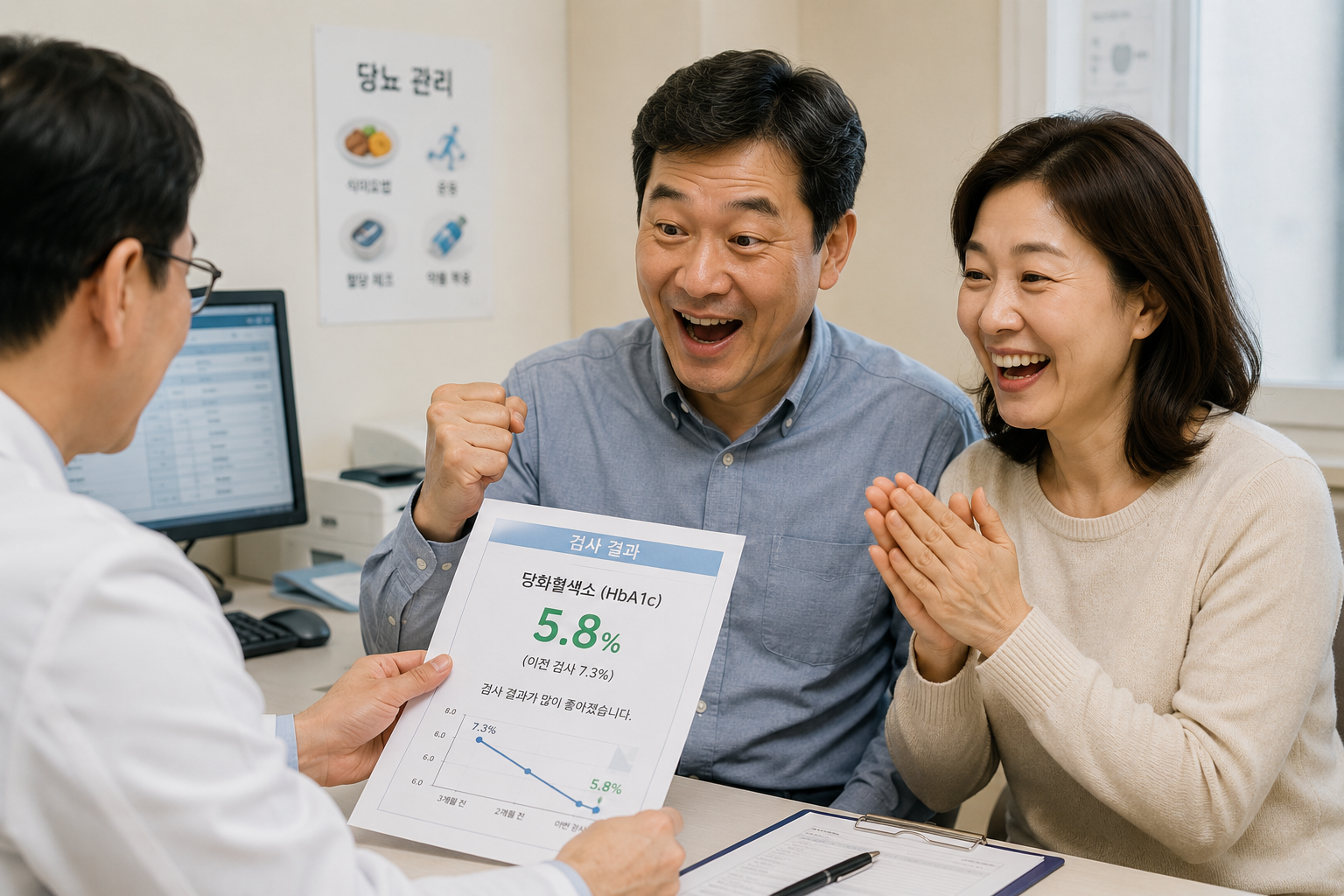 당화혈색소 검사 결과가 개선되어 병원에서 기뻐하는 직장인 부부