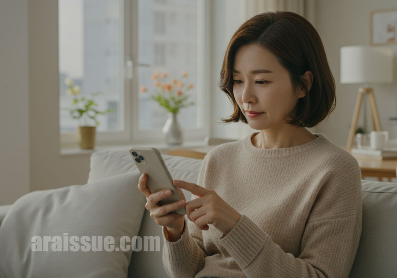 40대 한국 여성이 스마트폰을 사용해 자신의 건강포인트 제도 관련 정보를 확인하는 모습입니다. 현대적인 아파트 환경에서 스마트폰을 사용하여 정보를 탐색하는 장면입니다.