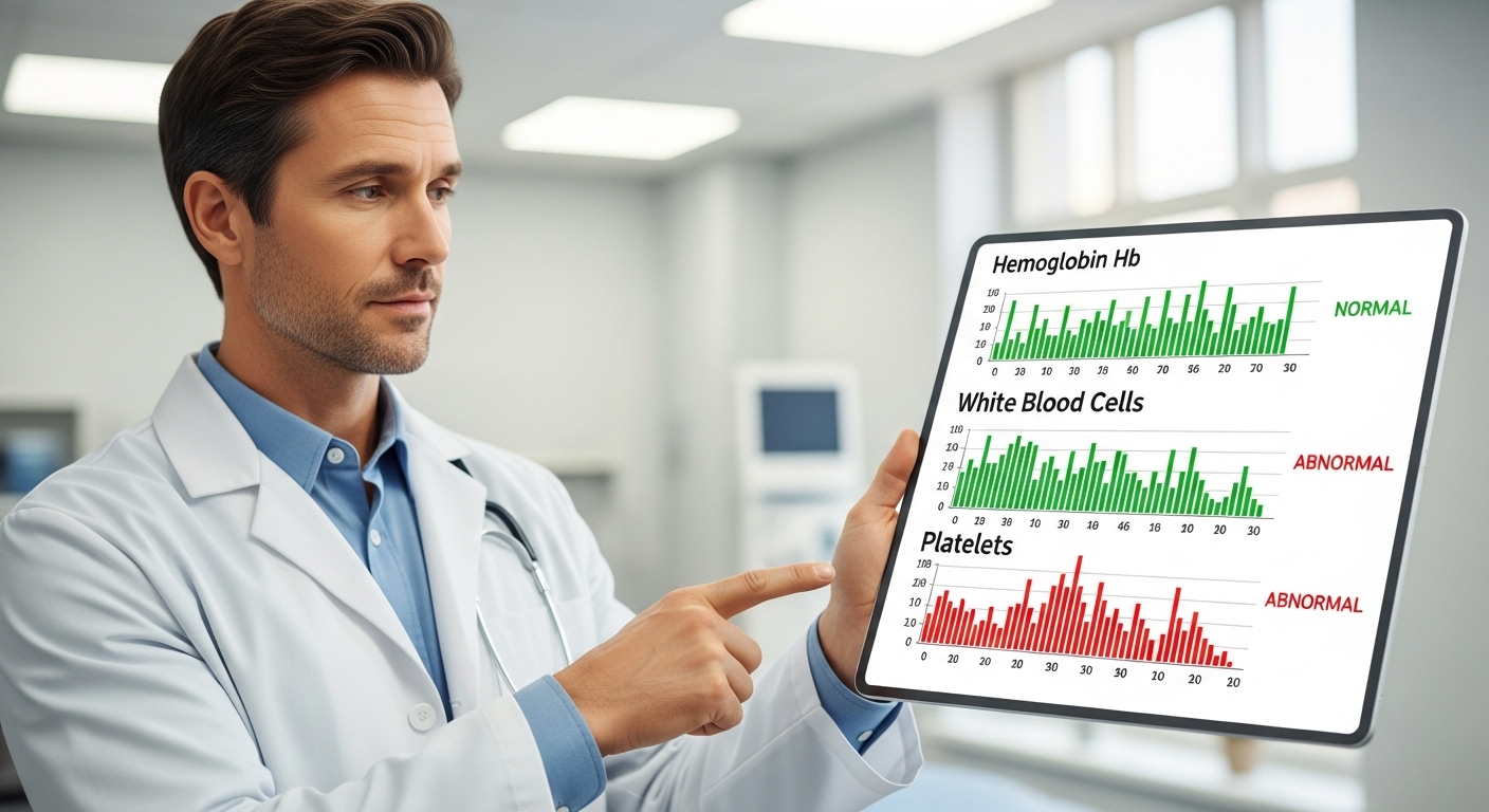 2026년 혈액검사 수치 결과를 설명하는 의사와 디지털 결과 차트 이미지
