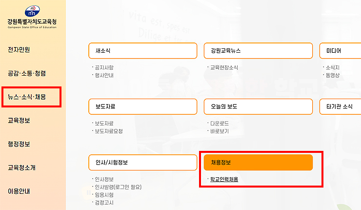 강원도교육청-뉴스-소식-채용-메뉴-선택