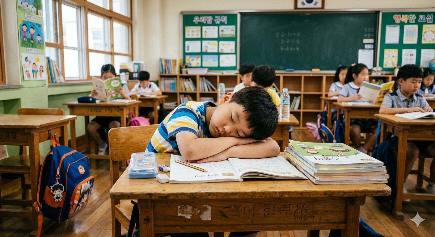 학교에서 잠을 자고 있는 아이