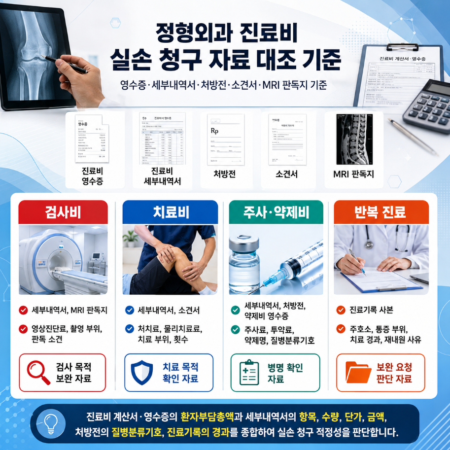 정형외과 진료비 실손 청구 자료를 영수증, 세부내역서, 처방전, 소견서, MRI 판독지 기준으로 대조한 인포그래픽