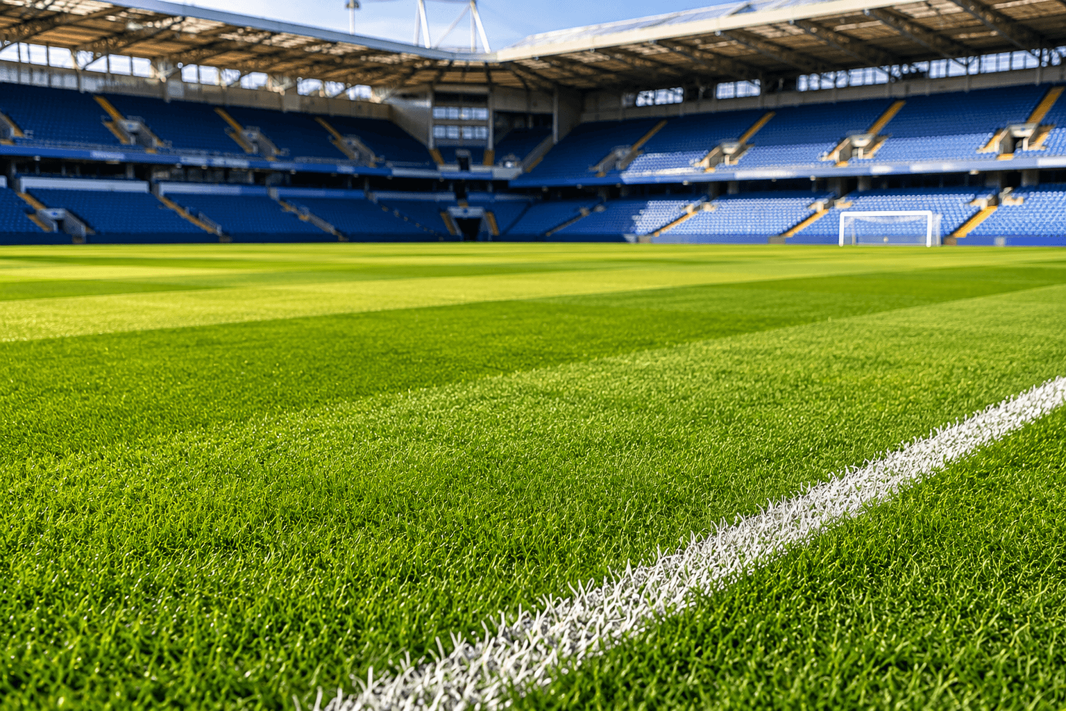 잘 관리된 축구 경기장 잔디와 홈구장 전경 모습